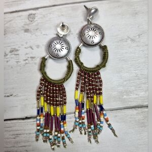 Plunder Clea Boho Olive Green and Multicolor Seed Bead Fringe Dangle Earrings